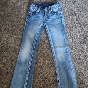 Miss Me Mid Rise Blue Boot Cut Jeans with Blinged Pockets